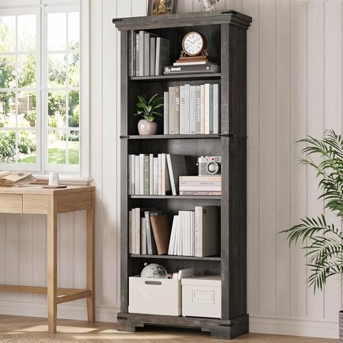 5-Tier Farmhouse Bookshelf, 61.1 inch Tall Bookcase with Storage & Unique Design & One Adjustable Shelf, Wooden Bookshelf for Study Room, Living Room, Home Office, Bedroom (Black) - color: Black, size: 5-tier