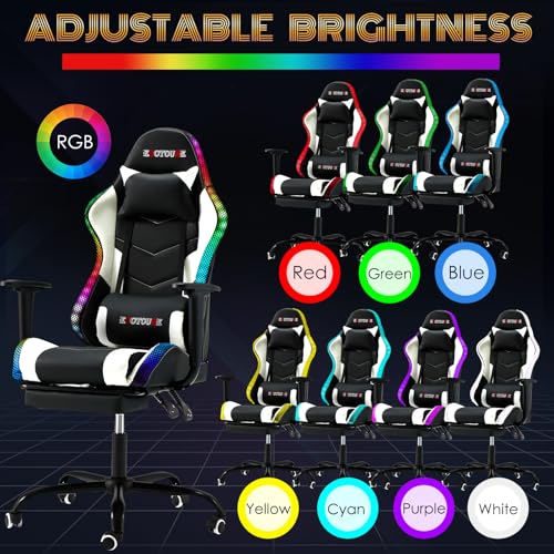 ECOTOUGE Racing Style RGB LED Lights Gaming Chair with Footrest - color: Rgb White, size: with footrest