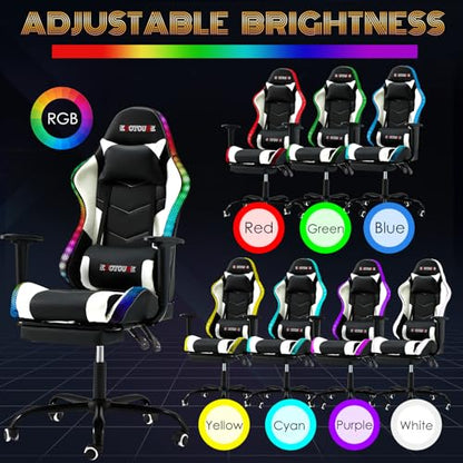 ECOTOUGE Racing Style RGB LED Lights Gaming Chair with Footrest - color: Rgb White, size: with footrest