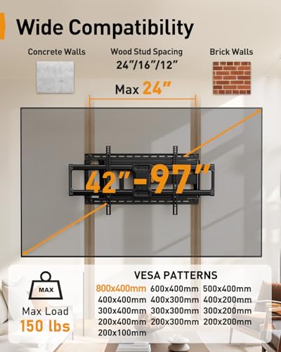 Perlegear Long Arm Full Motion TV Wall Mount for 42–97 Inch TVs up to 150 lbs, Pre-Assembled TV Mount with Full Swivel, Tilt and Extension, Fits 8″/12″/16″/24″ Wood Studs, Max VESA 800x400mm, PGXLF02