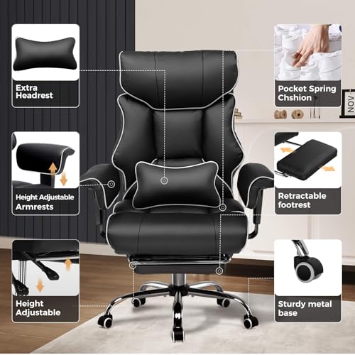GTPLAYER Big and Tall Gaming Chair 400lbs Heavy Duty Office Chair with Foot Rest & Ergonomic Pocket Spring Cushion, High Back Lumbar Support for Lower Back Pain Relief, White/Black - color: White-black