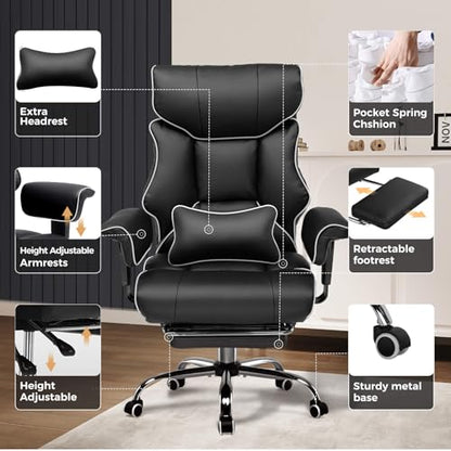 GTPLAYER Big and Tall Gaming Chair 400lbs Heavy Duty Office Chair with Foot Rest & Ergonomic Pocket Spring Cushion, High Back Lumbar Support for Lower Back Pain Relief, White/Black - color: White-black