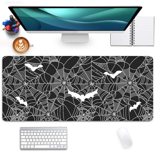 Black Spider Web Desk Pad Mouse Pad,Large Gaming Bat Mouse Mat with Stitched Edges,Non-Slip Waterproof Rubber Base Mousepad for Office Work Home Desk Mat(27.5X11.8 in) - color: Spider Webs and Bats