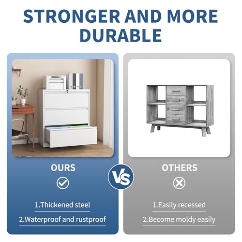 3 Drawer File Cabinet with Lock, Metal Lateral Filing Cabinets - color: White, size: 3 Drawer_ 26"W