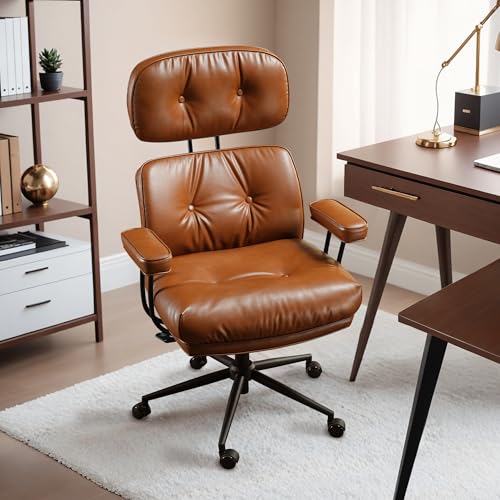 HOOOWOOO Ergonomic Office Chair,Mid Century Modern Computer Desk Chair,Comfy Executive Chair with Extra Wide Tufted Cloudy Seat Lumbar Support High Reclining Back,PU Leather Brown - color: (Glossy)pu Leather Cognac-cloudy Seat, size: High Back