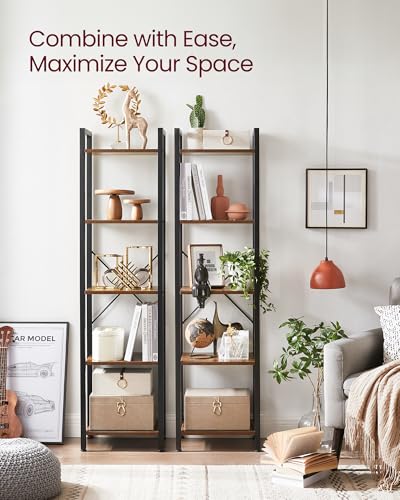VASAGLE 5-Tier Bookshelf, Bookcase Book Shelf with Steel Frame, - color: Rustic Brown + Ink Black, size: 5 Tiers (11.8"D x 15.7"W x 60.2"H)