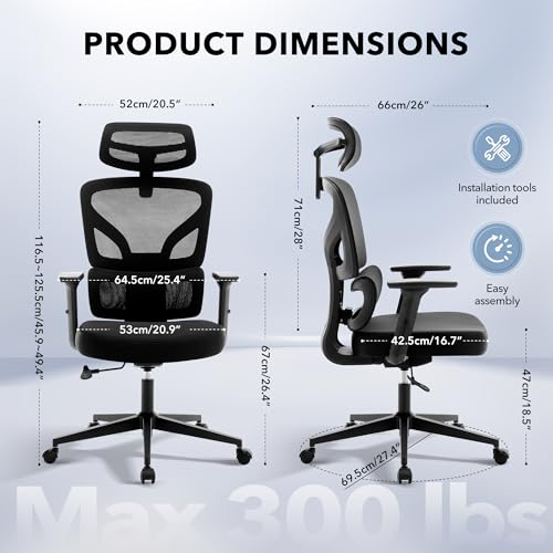 Ergonomic Office Chair Mesh – Adjustable Lumbar 3D Armrests High-Back Desk - color: Black-p