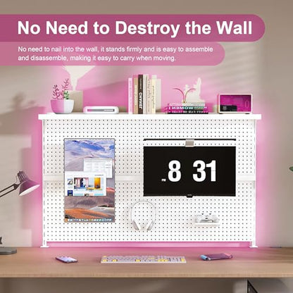 Clamp-On Metal Desk Pegboard with Dual Monitor Stand–No Drilling Needed! 59x35 Inch Steel Privacy Panel with Hooks & Movable Partition, Peg Board Wall Organizer for Gaming & Office - color: White