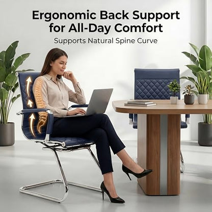 HNY Set of 2 PU Leather Office Guest Chairs, Navy Blue - color: Navy Blue