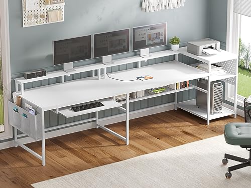 SEDETA L Shaped Gaming Desk, Reversible Computer Desk, Gaming Desk with Power Outlets & LED Strip, Monitor Shelf, Keyboard Tray, Pegboard and Storage Shelves for Home Office, White - color: White