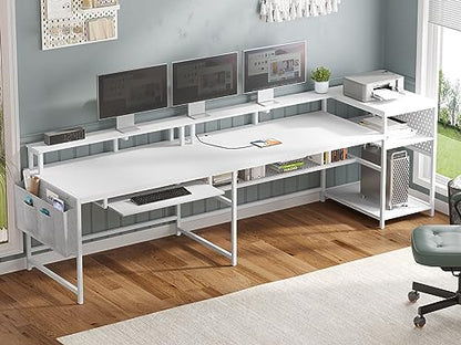 SEDETA L Shaped Gaming Desk, Reversible Computer Desk, Gaming Desk with Power Outlets & LED Strip, Monitor Shelf, Keyboard Tray, Pegboard and Storage Shelves for Home Office, White - color: White