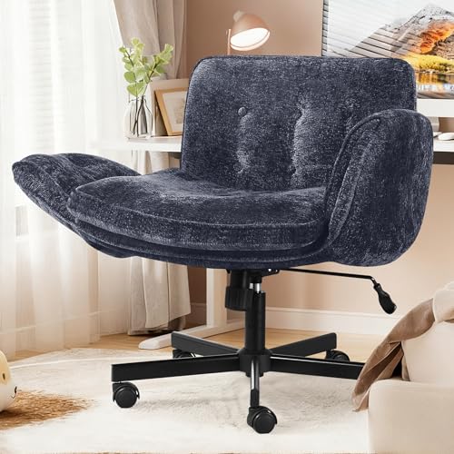 Criss Cross Chair with Wheels & Arms, Chenille Cross Legged Office Chair with 5-level Folding Armrest, Comfortable Adjustable Swivel Vanity Chair for Home, Make Up, Bed Room, Office, Accent (Blue) - color: Blue, style: Modern
