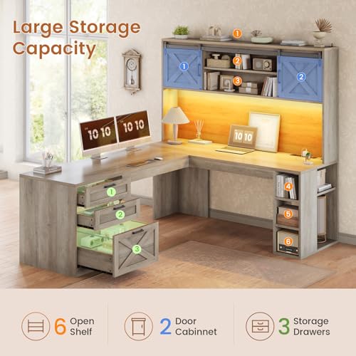 SEDETA 67" Farmhouse L Shaped Desk with Hutch, Grey - color: Grey, size: L Shaped Desk with Hutch (67")