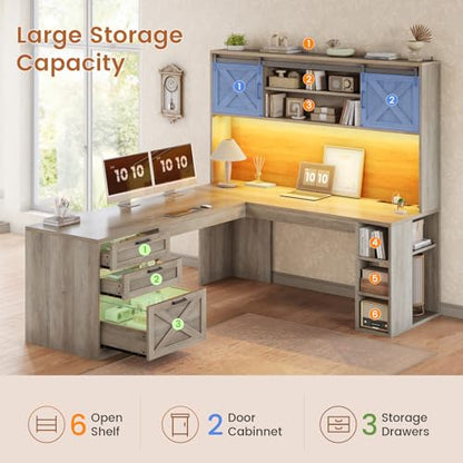 SEDETA 67" Farmhouse L Shaped Desk with Hutch, Grey - color: Grey, size: L Shaped Desk with Hutch (67")