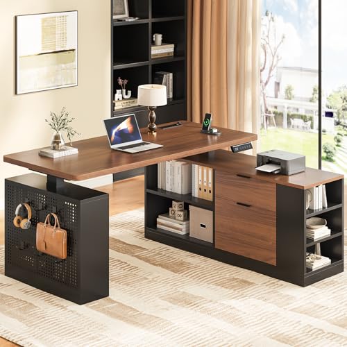UPOSOJA L Shaped Standing Desk Adjustable Height, 53" Electric Office Desk with File Drawers & Storage Shelves, Sit Stand Corner Computer Desk with Power Outlets, Pegboard, 6 Hooks, Black & Walnut - color: Black, size: L Shaped
