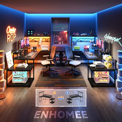 EnHomee 56" L Shaped Gaming Desk with Power Outlets for Bedroom,Black - color: Black, size: 56"W