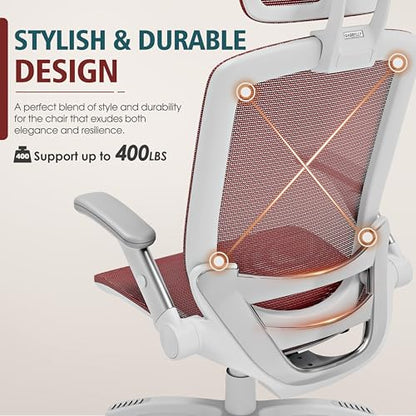 GABRYLLY Ergonomic Office Chair, High Back Home Desk Chair with 2D Flip-Up Arms, 3D Headrest, 90-120° Tilt and Wide Cushion, Big and Tall Mesh Chairs for Man Woman, Computer Task Chair Red - color: White Frame Red Mesh
