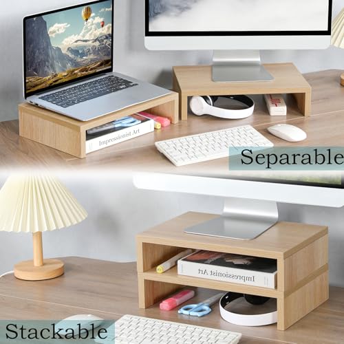 TEAMIX Wood Monitor Stand Riser-2 Packs, Maple | Holds 80Lbs, Stacked/Separate Adjustable Use, 2 Tier Adjustable, Fits laptop, TV, PC. For Home Office, Gaming - color: Maple