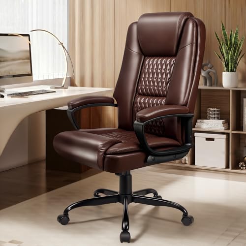 Office Chair, High Back Ergonomic Home Office Desk Chairs with Lumbar Support, Adjustable Big and Tall Computer Chair, 360° Swivel, PU Leather, Brown - color: Brown