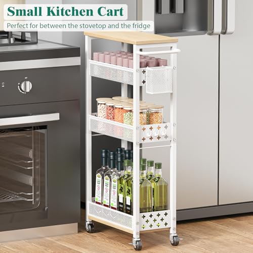 XYZLVSI Slim Rolling Storage Cart, 4 Tier Narrow Shelf for Small Spaces - color: White