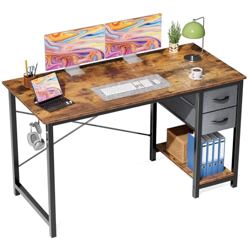 47-Inch Computer Desk with Drawers for Home Office, Brown | Modern Simple Small Desk for Bedroom with Side Hook, Reversible Gaming Study Writing Table PC Desks - color: Brown, size: 46 IN
