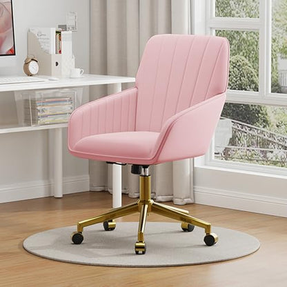 YITAI Velvet Office Desk Armchairs with Gold Base and Wheels,Modern Height Adjustable 360 Degree Swivel Upholstered Vanity Chairs for Living/Room Bedroom/Study,Pink - color: Gold Pink