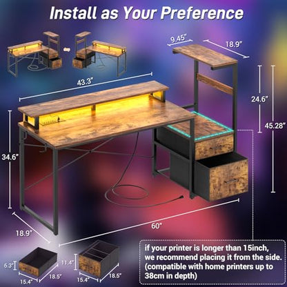 Aheaplus Gaming Desk with LED Strip & Power Outlet, 59Inch Reversible Computer Desk with Monitor Stand & Storage Shelves, Home Office Desks with Fabric File Drawer, Gamer Table PC Desk, Rustic Brown - color: Rustic Brown