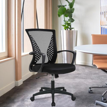 FDW | Mid Back Office Chair | Black | with Lumbar Support, 360 Swivel | Ventilated Design, Height Adjustment | 250 lbs Load Capacity, Rolling Casters | Easy Assembly | For Home, Office - color: Black