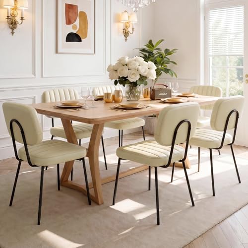 OLIXIS Dining Chairs Set of 6, Mid Century Modern Kitchen Chairs | Faux Leather Cushion Seat, Metal Legs Backrest, Living Room Home Office Bedroom, Beige White - color: Beige White, size: Set of 6