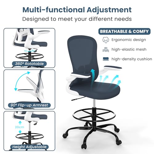 Drafting Chair, Tall Office Chair with Flip-up Armrests Executive Ergonomic Computer Standing Desk Chair, Office Drafting Chair with Lumbar Support and Adjustable Footrest Ring - color: Dark Grey