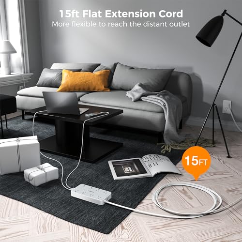 TESSAN Power Strip Surge Protector, 15FT Flat Plug Extension Cord | 8 Outlets 3 USB Charger(1 USB C), 1080 Joules Protection, Wall Mountable Charging Station for Home Office Dorm, Gray - color: Gray, size: 15FT-1080J surge protection