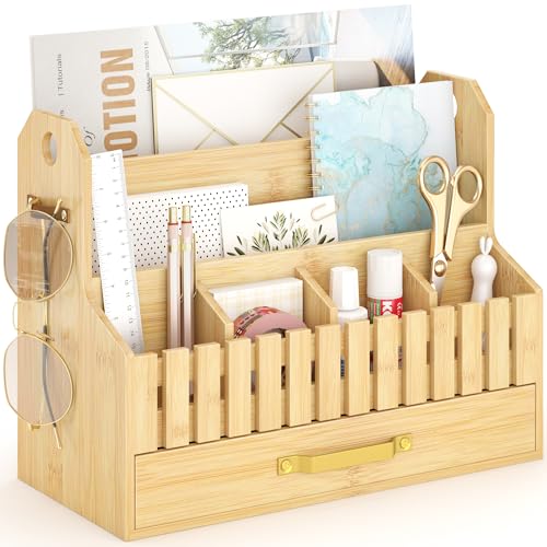 Bamboo Mail Organizer Countertop with Drawers, Wood Desk File Organizer Desktop Paper Organization Storage Bill & Letter Sorter Holder for School Home Office Supplies, No Assembly Required (Nature) - color: Nature
