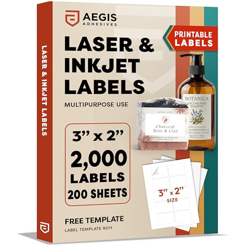 3x2 Labels Printable, Blank Paper Stickers, Clear White Inkjet Laser Label | Ivory Rectangle Mailing Labels for Printer, Envelopes, Bottles-Aegis Adhesives Template R011 (200 Sheets, 2000 Stickers)