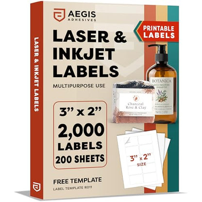 3x2 Labels Printable, Blank Paper Stickers, Clear White Inkjet Laser Label | Ivory Rectangle Mailing Labels for Printer, Envelopes, Bottles-Aegis Adhesives Template R011 (200 Sheets, 2000 Stickers)