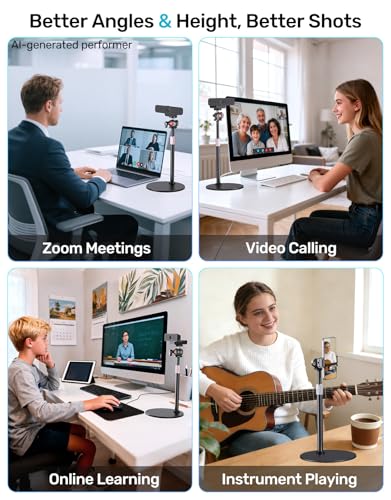 Webcam Stand for Desk, 360° Ballhead, Height Adjustable Tripod, 1/4 Thread | Stable Metal Base, With Phone Holder, Fits Logitech C922/C930e/C920/C920x/C615/C960/BRIO 4K, NexiGo N60, GoPro, Easy Setup - size: 9.2–15.5"H (7.09" dia base)
