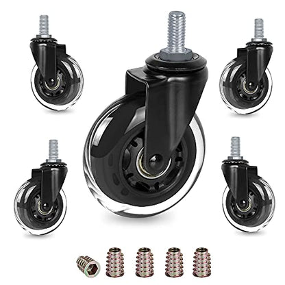 8T8 3" Office Chair Caster Wheels Heavy Duty, Set of 5, 3/8"-16x1 (Not Metric M10), Threaded Stem Casters with Set Screw, Replacement PU Rubber Wheels, Safe for Hardwood Tile Floors - style: Nut Inserts