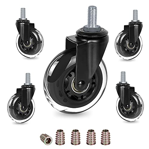 8T8 3" Office Chair Caster Wheels Heavy Duty, Set of 5, 3/8"-16x1 (Not Metric M10), Threaded Stem Casters with Set Screw, Replacement PU Rubber Wheels, Safe for Hardwood Tile Floors - style: Nut Inserts