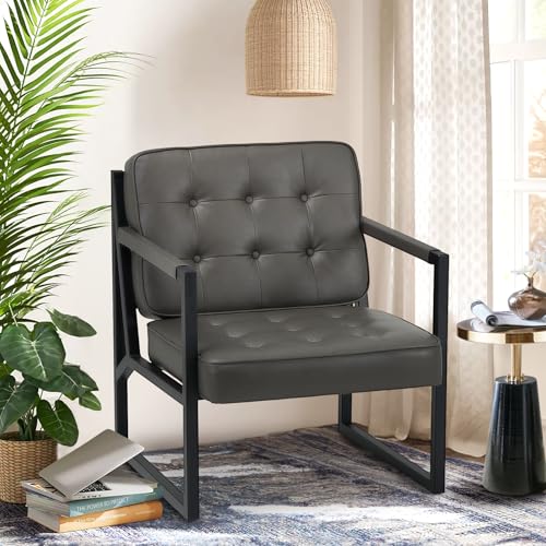COLAMY Modern Accent Chair, Accent Arm Chair for Living Room, Comfy Leather Armchair with Metal Legs for Bedroom Reception Waiting Room, Grey - color: Grey, size: Set of 1