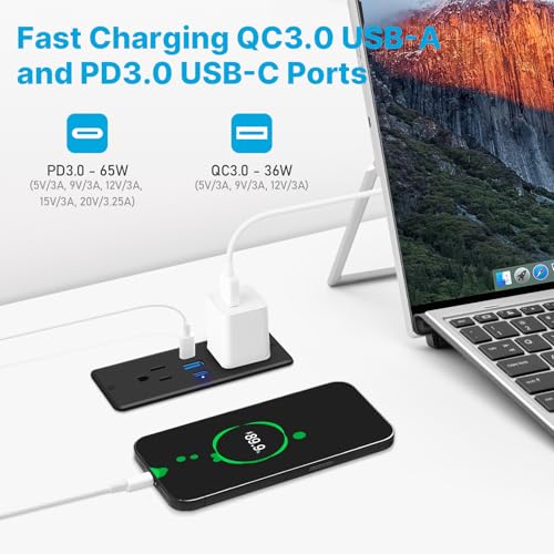 CCCEI Recessed Power Strip with Outlet and 65W USB C Ports, Furniture Flush Mount Power Strip, Small Desk Hidden Outlet for Conference Table, Nightstand, Black, 6FT. - size: 6FT, style: 65W_USB-C