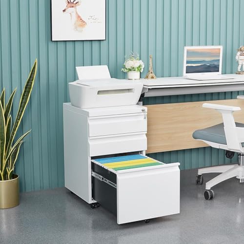 Guizeeopo 3 Drawer File Cabinet with Lock, File Cabinets for Home Office,Under Desk Cabinet, Locking File Cabinet for A4/Letter/Legal, Fully Assembled Expect Casters, Matte White - color: 01-a White