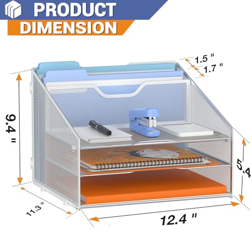 GAWERK Letter Tray Organizer, Mesh Desk File Organizer with 3 Paper Trays and 2 Vertical Upright Section (Silver) - color: Silver
