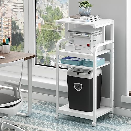 Fannova 4 Tier White Printer Shredder Stand with Storage for Home Office | Height Adjustable Shelf, 20.8"x15.7"x44.5", Movable Tall Printer Table with Wheels, Rolling Cart for Computer Tower CPU - color: White
