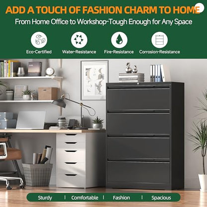 Lateral File Cabinet 4 Drawer, Metal File Cabinet with Lock - color: Black, size: 4 Drawer - Lateral