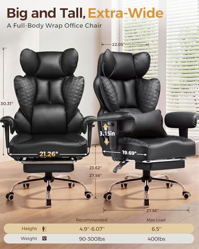 COMHOMA Big and Tall Office Chair Heavy Duty Gaming Chair with Deluxe Embossing Leather High Back Wider Ergonomic Computer Chair with Foot Rest 150°Reclining Pocket Spring Lumbar Support