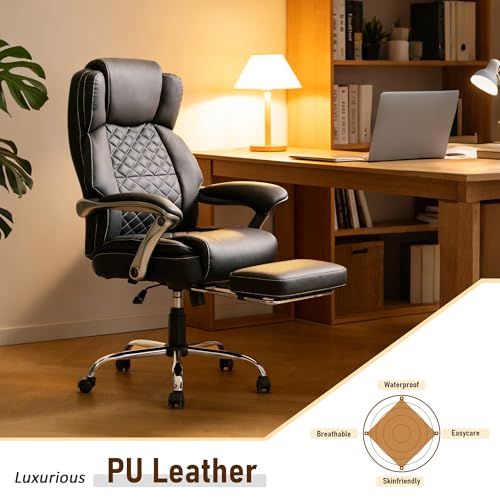 500 lbs Office Chair with Foot Rest, Reclining Executive Chair Black | Big & Tall Computer Desk Chair, PU Ergonomic Lumbar Support, Thicker Pocket Spring Cushion, High Back - color: Black