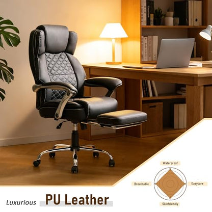 500 lbs Office Chair with Foot Rest, Reclining Executive Chair Black | Big & Tall Computer Desk Chair, PU Ergonomic Lumbar Support, Thicker Pocket Spring Cushion, High Back - color: Black
