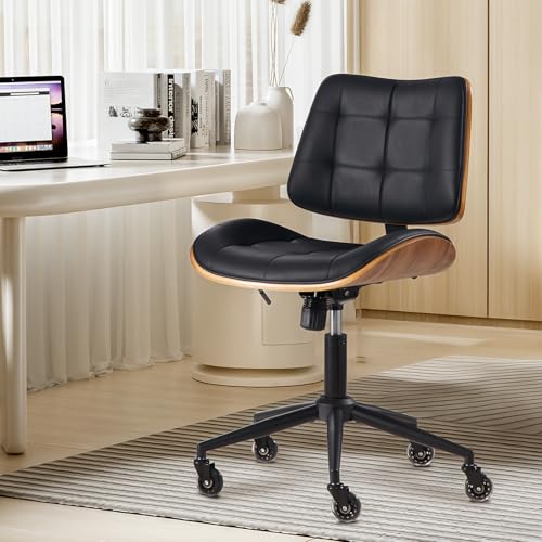 BV Armless Office Chair with Rubber Wheels, 360° Swivel Adjustable Task Chair, PU Leather Rolling Desk Chair for Home Office, Study and Conference Room, Black - color: Black, size: Rubber Wheels Style