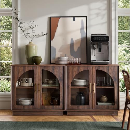 FORTUNETEC 31.5" Sideboard Buffet Cabinet with Arched Glass Doors Set of 2 | Modern Accent Cabinet, Modular Media Console with Storage, Adjustable Shelves, for Living Dining Room Entryway, Dark Walnut - color: Dark Walnut, size: 2