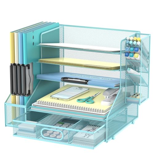 5-Tier Desk Organizer with File Holder & Pen Holder & Sliding Drawer, Blue - color: Blue