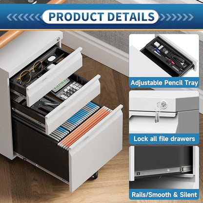 Locking File Cabinet 3 Drawers on Wheels Under Desk, Metal Filing Cabinets for Home Office, A4, Letter-Size Files, Hanging File Folders-White - color: White, size: 3 Drawer-on wheels